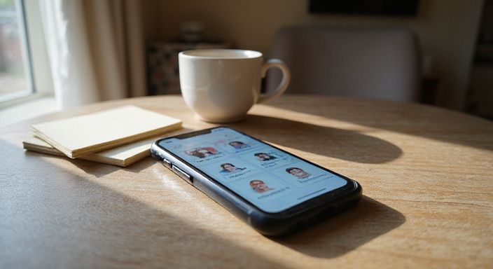 Een smartphone op een houten tafel met een datingapp en een koffiemok.