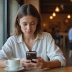Een vrouw in een café, gefocust op haar smartphone