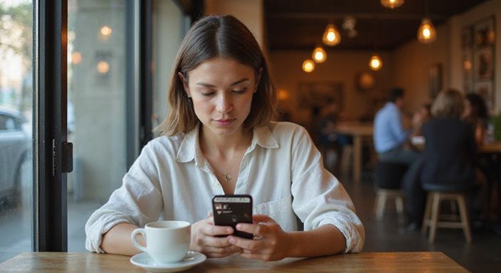 Een vrouw in een café, gefocust op haar smartphone