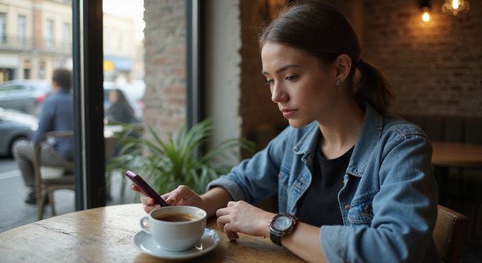 Een vrouw in een café verdiept in een datingapp op haar smartphone. Een vrouw in een café verdiept in een datingapp op haar smartphone.
