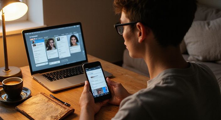 Een jonge volwassene verdiept in gedachten achter een houten bureau. Iemand werkt op een laptop en smartphone in een woonkamer