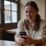 Een vrouw glimlacht terwijl ze haar smartphone in een café vasthoudt