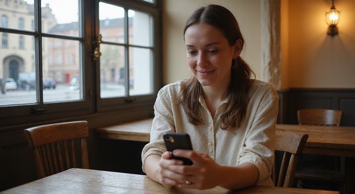 Een vrouw glimlacht terwijl ze haar smartphone in een café vasthoudt