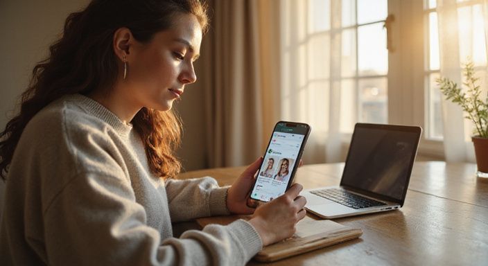 Een diverse groep mensen geniet van een ontspannen moment in een woonkamer. Een vrouw in een oversized trui gebruikt een datingapp voor sexdating in Gent op haar telefoon