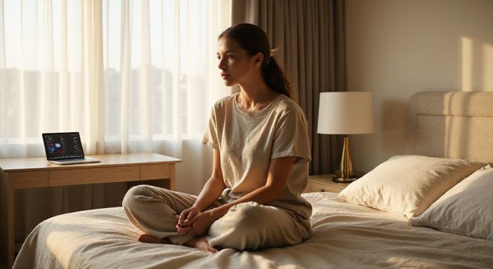 Een jonge persoon zit aan een bureau en videobelt. Een jonge vrouw in een hotelkamer, relaxed zittend op bed
