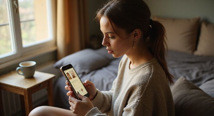 Een smartphone op een tafel in een leeg historisch plein. Een vrouw in een oversized sweater kijkt nadenkend naar haar smartphone