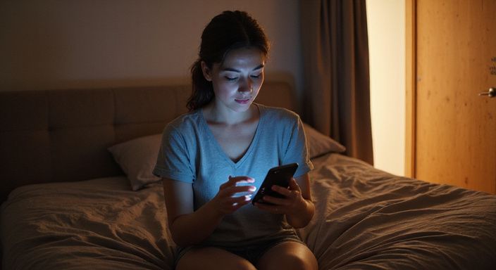 Een man werkt gefocust aan meerdere apparaten in een slaapkamer. Een vrouw zit contemplatief op de rand van een bed