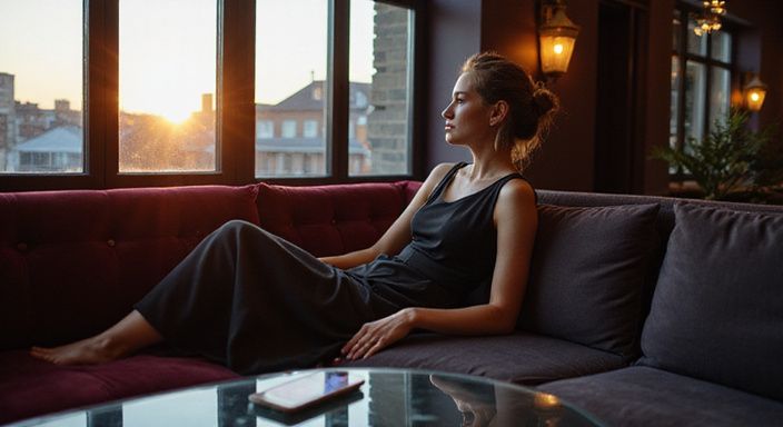 Een smartphone met een datingprofiel ligt op een houten bureau. Een vrouw in een zwart jurkje zit ontspannen op een wijnrood sofa