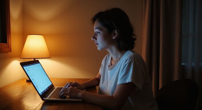 Een jonge vrouw zit contemplatief achter haar laptop in haar slaapkamer. Een jonge vrouw zit contemplatief achter haar laptop in haar slaapkamer.