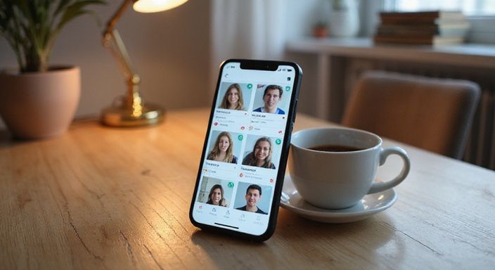 Een iPhone en MacBook op een bureau met koffie en notitieboek. Aziatische vrouwen sexdating