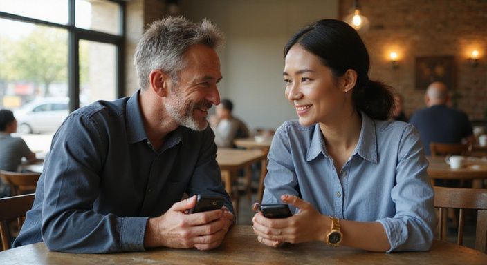 Twee mensen in een café hebben een oprechte en betrokken conversatie. Twee mensen in een café hebben een oprechte en betrokken conversatie over Aziatische vrouwen sexdating.