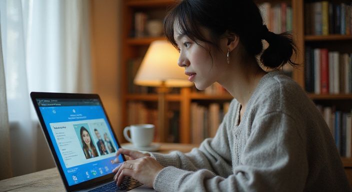 Een vrouw in een oversized trui kijkt geconcentreerd naar haar laptop. Een vrouw in een oversized trui kijkt geconcentreerd naar haar laptop.