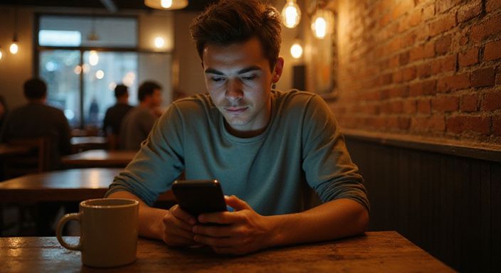 Een jonge persoon zit alleen in een café met een smartphone. Een jonge persoon zit alleen in een café met een smartphone.