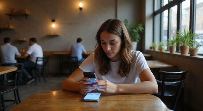 Een vrouw verdiept in haar smartphone in een café. Een vrouw verdiept in haar smartphone in een café.
