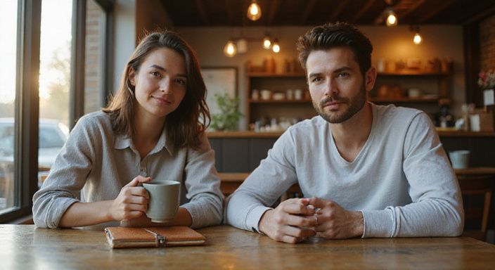 Een vrouw en man genieten van een gesprek in een café. Een vrouw en man genieten van een gesprek in een café.