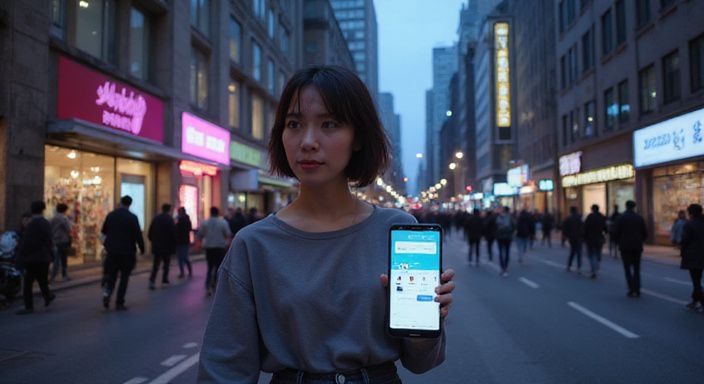 Een vrouw in casual kleding staat op een drukke stoep. Een vrouw in casual kleding staat op een drukke stoep.