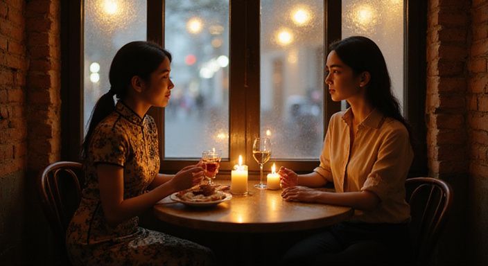 Twee vrouwen genieten van wijn en gesprek in een café. Twee vrouwen genieten van wijn en gesprek over Aziatische vrouwen sexdating in een café.