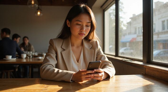 Een vrouw in een blazer verdiept in haar smartphone. Een Aziatische vrouw in een blazer verdiept in haar smartphone.