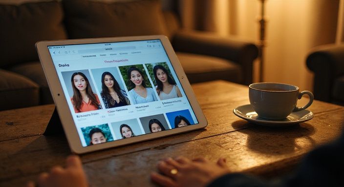 Een iPad Pro toont een datingapp in een gezellige woonkamer. Een iPad Pro toont een datingapp voor Aziatische vrouwen sexdating in een gezellige woonkamer.