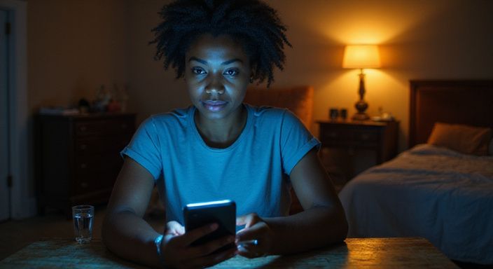 Een vrouw gebruikt geconcentreerd haar smartphone aan een houten bureau. Een vrouw gebruikt geconcentreerd haar smartphone aan een houten bureau.