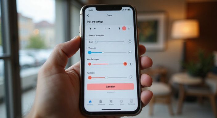 Een smartphone toont een datingapp-interface met filteropties. Een smartphone toont een datingapp-interface met filteropties.