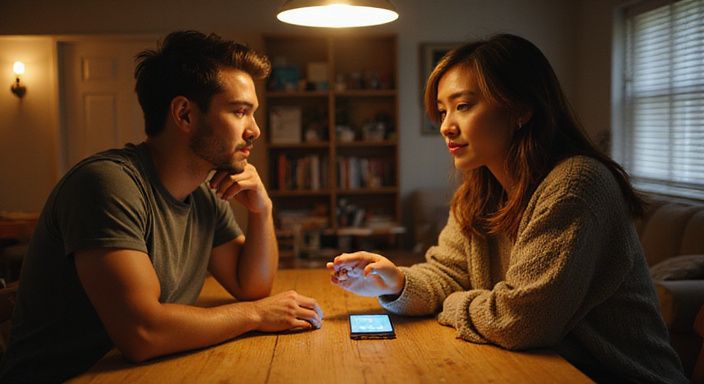 Twee volwassenen bespreken serieus grenzen en vertrouwen aan een tafel. Twee volwassenen bespreken serieus Donkere Vrouwen Sexdating aan een tafel.