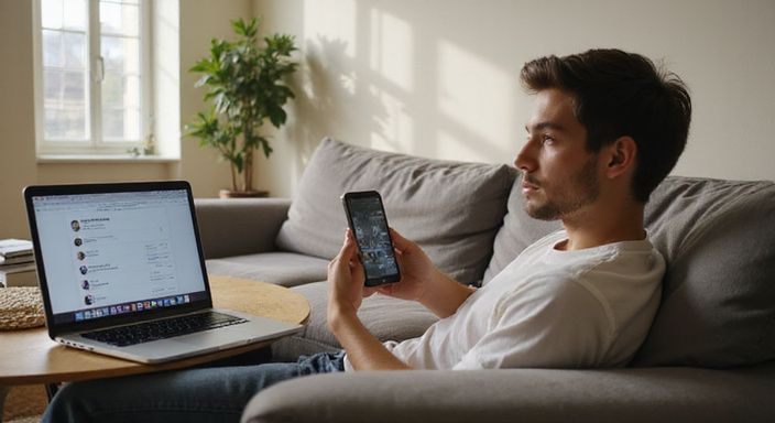 Jongvolwassene gebruikt smartphone en laptop in een moderne woonkamer. Jongvolwassene gebruikt smartphone en laptop in een moderne woonkamer.