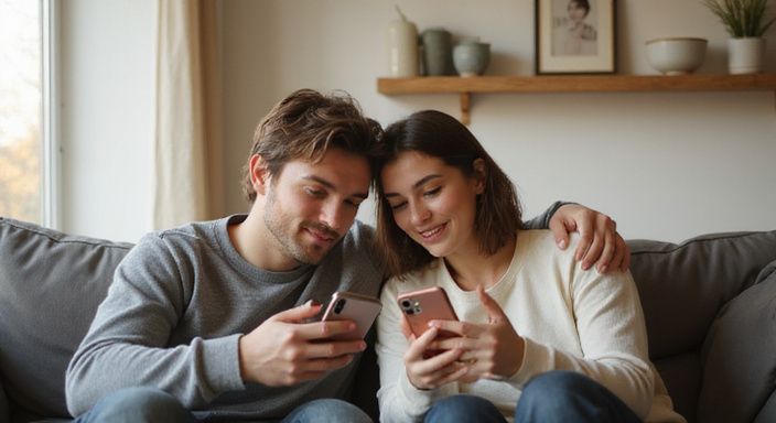 Twee volwassenen ontspannen op een bank, betrokken bij een dating-app. Twee volwassenen ontspannen op een bank zoeken op een dating-app naar Donkere Vrouwen Sexdating.