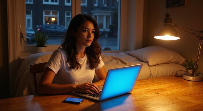 Een vrouw in comfortabele kleding werkt op haar laptop aan een bureau. Een vrouw in comfortabele kleding werkt op haar laptop aan een bureau.