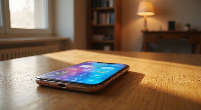 Een smartphone op een houten bureau toont een datingapp-interface. Een smartphone op een houten bureau toont een datingapp-interface.