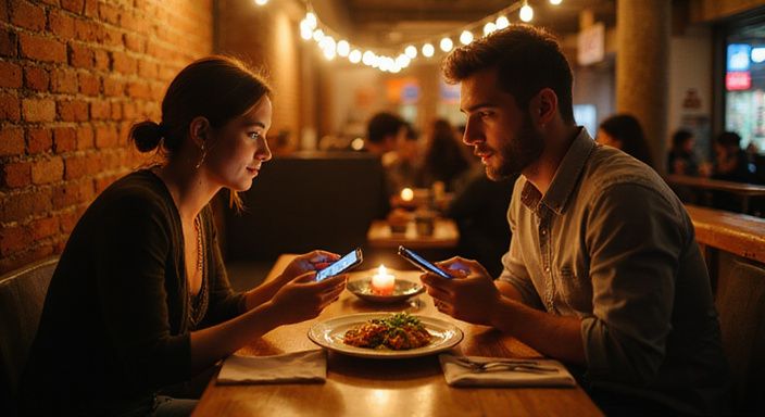 Een vrouw en man op een date, vol nieuwsgierigheid en spanning. Een vrouw en man op een date, vol nieuwsgierigheid en spanning.