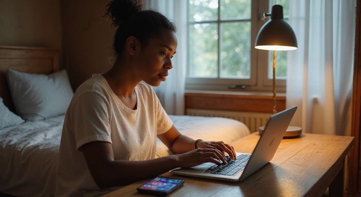 Een vrouw in contemplatie achter een laptop aan een bureau. Een vrouw in contemplatie achter een laptop aan een bureau.
