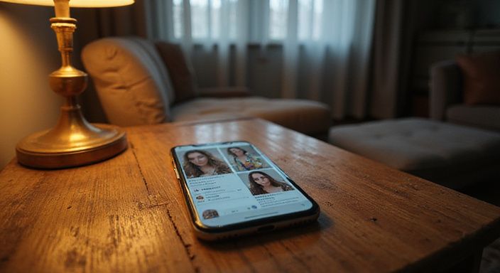 Een smartphone toont een datingapp-interface op een verouderd bureau. Een smartphone toont een datingapp voor Donkere Vrouwen Sexdating op een verouderd bureau.