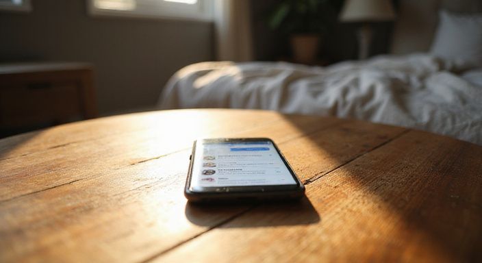 Een smartphone ligt op een walnoot tafel, met een datingapp geopend. Een smartphone ligt op een walnoot tafel, met een datingapp voor Donkere Vrouwen Sexdating geopend.