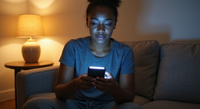 Een vrouw zit ontspannen op een bank met een smartphone. Een vrouw zit ontspannen op een bank met een smartphone.