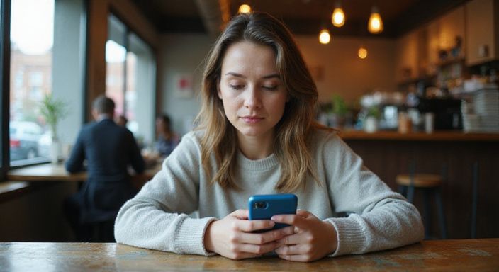Een vrouw in een café scrollt geconcentreerd op haar smartphone. Een vrouw in een café scrollt geconcentreerd op haar smartphone.
