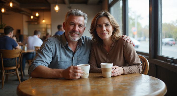 Twee volwassenen genieten van een ontspannen gesprek in een café. Twee volwassenen genieten van een ontspannen gesprek over mollige vrouwen sexdating in een café.