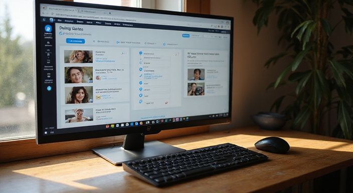 Een moderne thuiswerkplek met een monitor en datingapplicaties. Een moderne thuiswerkplek met een monitor en datingapplicaties voor mollige vrouwen sexdating.