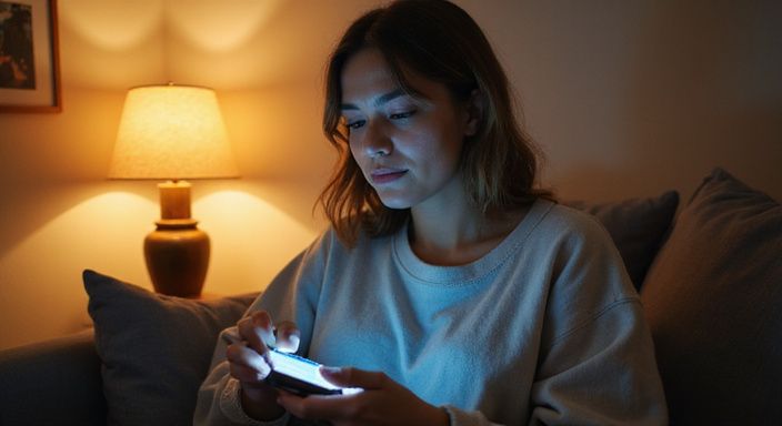 Een vrouw met een volle figuur kijkt geconcentreerd naar haar smartphone. Een vrouw met een volle figuur kijkt geconcentreerd naar haar smartphone.