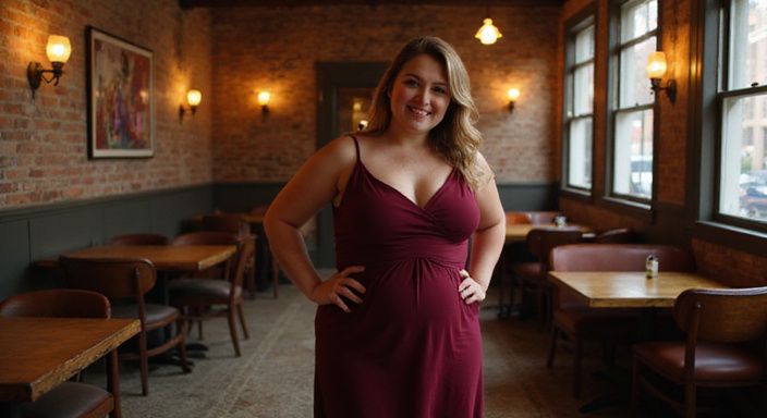 Vrouw in een bordeauxrode jurk, ontspannen in een intieme bar. Vrouw in een bordeauxrode jurk, ontspannen in een intieme bar.