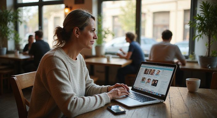 Vrouw in een koffiehuis, geconcentreerd op haar datingapp. Vrouw in een koffiehuis, geconcentreerd op haar datingapp.