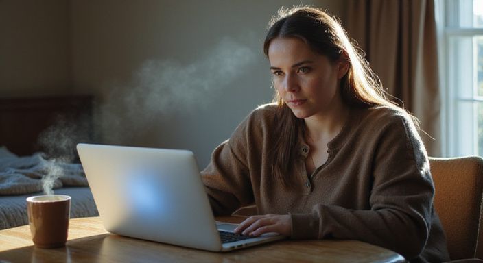 Een vrouw in een comfortabele outfit werkt geconcentreerd aan haar laptop. Een vrouw in een comfortabele outfit werkt geconcentreerd aan haar laptop.