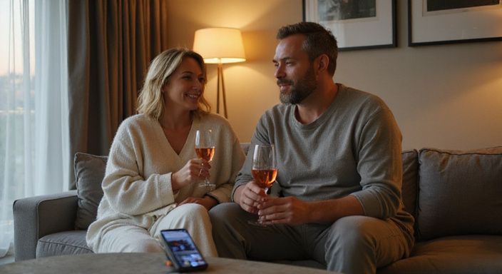 Twee middelbare volwassenen genieten van rosé op een stijlvolle bank. Twee middelbare volwassenen genieten van rosé op een stijlvolle bank.