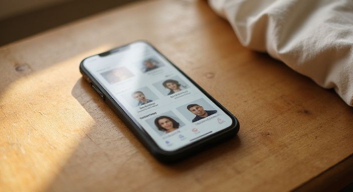 Een smartphone ligt op een houten nachtkastje met een dating-app. Een smartphone ligt op een houten nachtkastje met een dating-app voor mollige vrouwen sexdating.