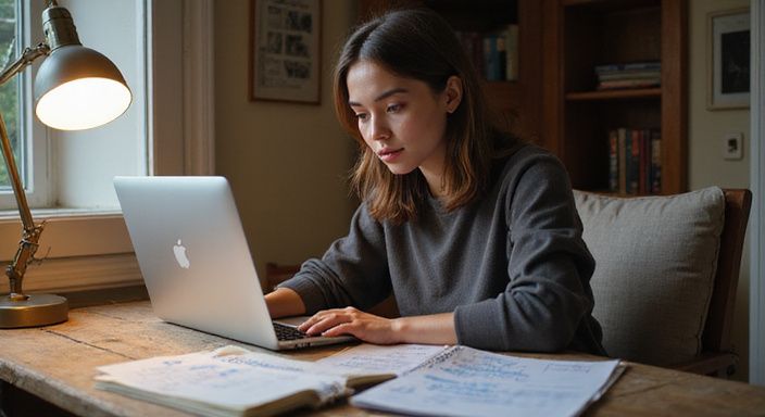 Een vrouw werkt geconcentreerd aan haar laptop op een bureau. Een vrouw werkt geconcentreerd aan haar laptop op een bureau.