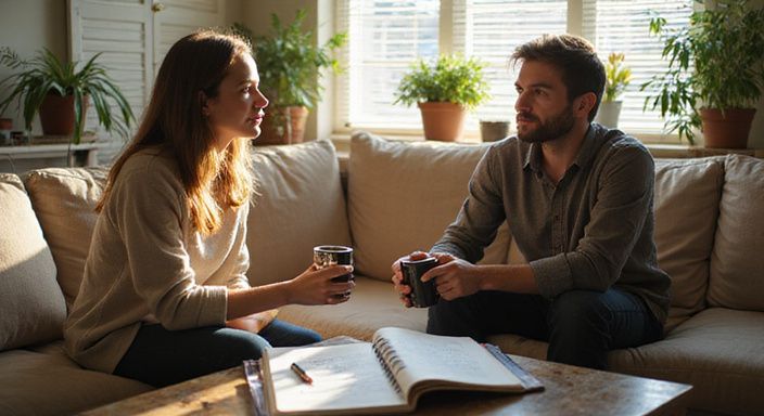 Een vrouw en een man bespreken iets samen op een bank. Een vrouw en een man bespreken een sexcontact in Hasselt Vlaams-Limburg samen op een bank.