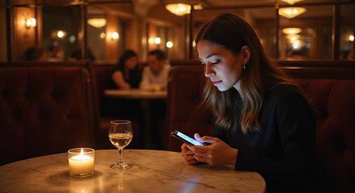 Een vrouw in een chique lounge, verdiept in haar smartphone. Een vrouw in een chique lounge, verdiept in haar smartphone.