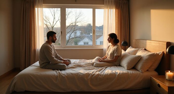 Twee mensen zitten op een bed in een minimalistische slaapkamer. Twee mensen zitten op een bed in een minimalistische slaapkamer.