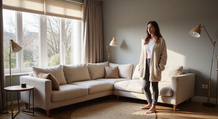 Een vrouw in een oversized trui staat in een moderne woonkamer. Een vrouw in een oversized trui staat in een moderne woonkamer.