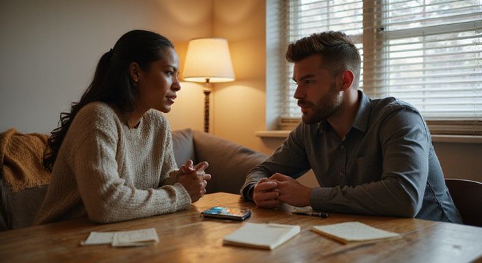 Twee volwassenen bespreken een dating-app aan een houten tafel.